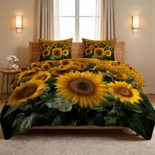 Generiskt täcke 155 x 220 cm 4 årstider – lantlig sommar täcke, tvättbar barnfilt utan överdrag – blommor solros blomfält – barnsängkläder med 2 örngott