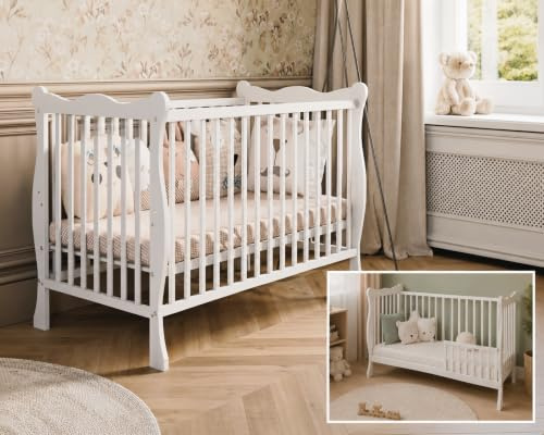 Bello4Baby Cuna Julia de 60 x 120 cm, convertible en cama junior, 3 alturas ajustables, 3 barras extraíbles, de madera (con lado de conversión (sin colchón)