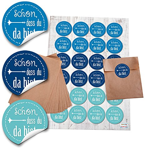 Logbuch-Verlag 24 mini Gastgeschenk Tüten Kraftpapiertüten mit Schön, dass du da bist Aufkleber blau 10,5 x 15 cm