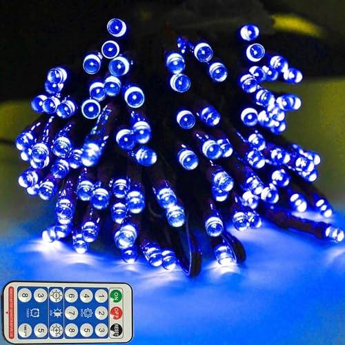 RunQiao 400 LED Solar Fairy String Lights 164ft/ 50m 8 Modes Waterproof Outdoor Garden Christmas Light for Trees Patio Fence Wedding Party Blue with Remote,USB Charging
