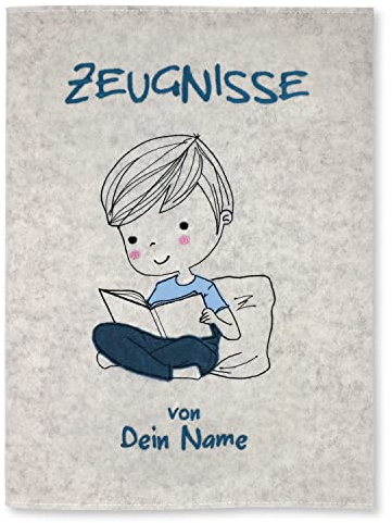 Goldi-Design Zeugnismappe Bücherwurm weiß personalisiert mit Namen 100% Wollfilzumschlag und Sichtbuch DIN A4 mit 20 Hüllen