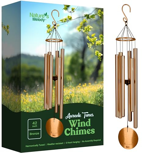 Nature's Melody Aureole Tunes Windspiel, Outdoor-Windspiel mit 6 Röhren, 100% rostfreies Aluminium, Pulver-Finish & S-Hakenaufhänger für Trauer, Andenken oder Zen-Garten (Bronze, 106,7 cm)