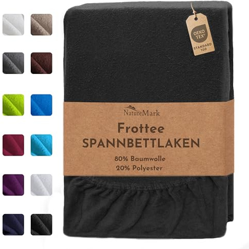 NatureMark Frottee Spannbettlaken – Weich und atmungsaktiv, hautfreundlich, praktisch & pflegeleicht, langlebig und strapazierfähig, 80% Baumwolle & 20% Polyester, 120x200 cm, Schwarz