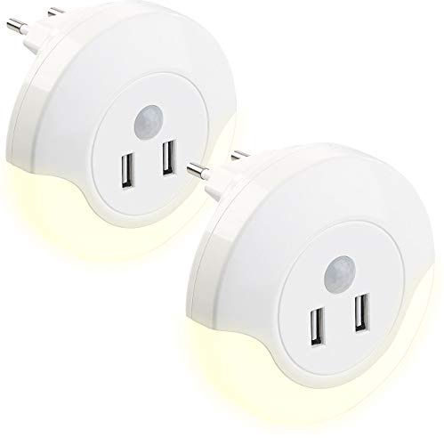 Luminea Automatik-Nachtlichter: 2 LED-Steckdosen-Nachtlichter, PIR- und Lichtsensor, 2x USB (10 Watt) (mit PIR-Sensor, Steckdosenladegerät)