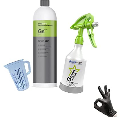 detailmate Green Star Set Auto Innenreinigung: Koch Chemie GreenStar Universalreiniger 1L + KWAZAR Mercury Sprühflasche Green Edition - 0,5l - ph 8-14 geeignet + detailmate Messbecher + Handschuhe