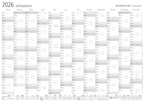 STAEDTLER Jahresplaner Lumocolor Set 2027 Wandkalender Größe DIN A3 | trocken und feucht abwischbar, inklusive schwarzer Stifte und selbstklebende Stift-Klemmen, robuster Kunststoff, 641 YPA3DE