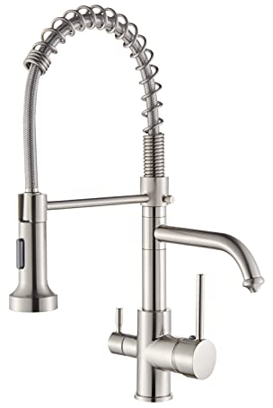 TVTIUO Rubinetti da Cucina a 3 Vie Rubinetto Cucina con Doccetta Estraibile Miscelatore Acqua Potabile in Ottone con Filtro Per L'acqua Acqua Bocca Girevole a 360 °,Spray Pull-down,Nichel Spazzolato