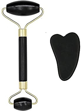 Roller Gesichtsmassagegerät Natural Jade Stone Scraper Spiel Guasha Abnehmen Werkzeuge Schönheit Heben Dünne Walze für Gesicht und Hals-Schwarz 1Set A.