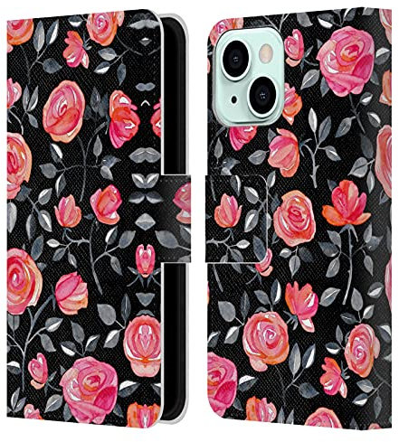 Head Case Designs Licenza Ufficiale Micklyn Le Feuvre Rose su Nero Floreale Custodia Portafoglio in Pelle Compatibile con Apple iPhone 13 Mini