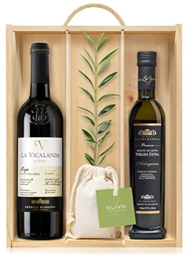 Lote Gourmet Regalo Delecta Premium con árbol olivo natural para plantar, aceite de oliva virgen extra y vino tinto Rioja Rerserva