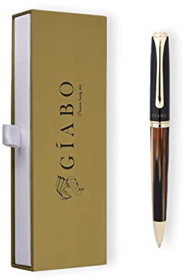 Gíabo Kugelschreiber hochwertig in Braun-Schwarz mit Kunstharz-Acryl-Schaft und 24-Karat-vergoldeten Details | Edler Drehkugelschreiber mit schwarzer Mine und Geschenkbox – Ideal für Büro und Business