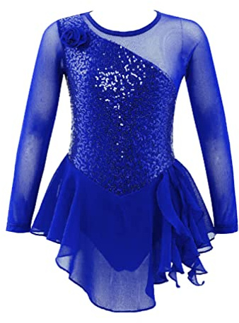 TiaoBug Mädchen Eiskunstlauf Kleid Langarm Ballettkleid Gerafft Tanzkleid mit Glitzer Kinder Turnanzug Gymnastik Leotards Ballett Tutu Mini Skater Rock gr.110-164