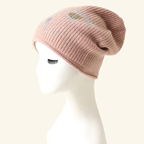 SQCOOL Damen Curled Beanie Mütze Hat, Winter Herbst Kaschmir Strickmütze, Stilvoll Patch Cat Face Beanie Mütze für Frauen, Weiche Outdoor Sportmütze Laufmütze Mode Slouchy Ski Hut Snowboard Cap Pink