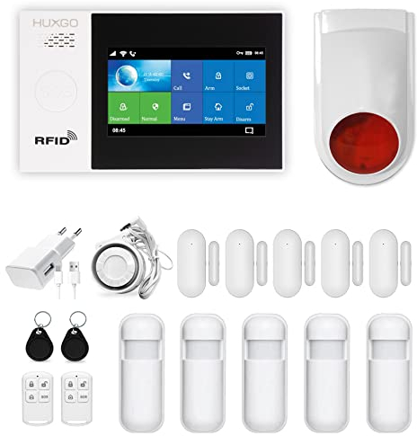 HUXGO HXA007 – Sistema di Allarme Wireless 4G con 5 Sensori di Movimento, 5 Sensori Porta/Finestra, Sirena Aggiuntiva, Moduli WiFi+GSM, App Tuya, Controllo da Telefono e SMS, Lingua Italiana