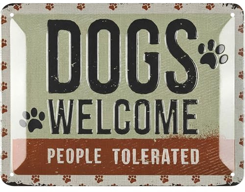 LANOLU Blechschild Hund - DOGS WELCOME - Deko Hund Geschenke für Hundeliebhaber in retro Shabby Chic Optik - Vintage Dekoration als Geschenk für Hundefreunde aus Metall, 15x20cm