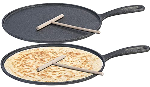 Rosenstein & Söhne Crepes Pfanne Induktion: Gusseiserne Crêpe-Pfanne für Grill und Herd mit Teigverteiler, 2er-Set (Crepe Gusseisen, Grillpfanne Gusseisen, Backen)