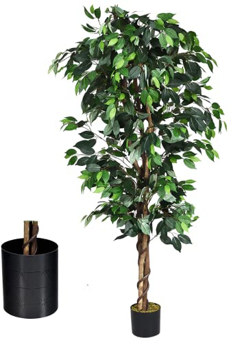COSTWAY 4FT/6FT Artificial Ficus Tree, Outdoor Fake Ficus Plants with Plastic Pot, Lightweight & Easy to Clean, Greenery Decorative Indoor Artificial Plant for Home Office Living Room (1, 6FT/1.8M)