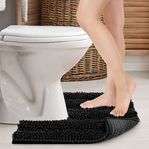 JARITTO Tapis de Bain Douche pour WC Toilette Antidérapant Tapis Contour de WC Absorbant Lavable en Machine Microfibre Chenille Doux Forme en U - 51x51cm (Noir)