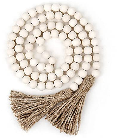 SHTGOI 1 guirnalda de cuentas de madera de 148 cm, colgante con borlas, decoración de pared, para salón, dormitorio, color madera