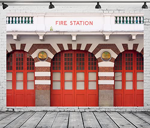 CORFOTO 3 x 2,4 m tyg modern brandstation bakgrund historisk röd byggnad eldstad entré fotografi bakgrund för barn brandbil födelsedagsfest dekorationer brandman fotobås rekvisita