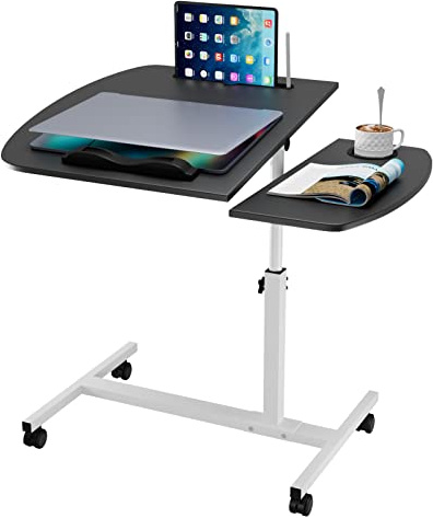 Rcynview Laptoptisch Höhenverstellbar Schreibtisch Beistelltisch Holz mit Rollen, 360°Drehbar Heben Laptop Ständer Tisch, Anti-Rutsch-Stopper, Aussparung, Computertisch für Bett, Sofa, Schwarz