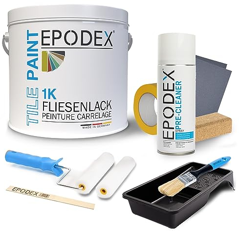 EPODEX 1K Fliesenfarbe mit Zubehör für Badezimmer, Küche & mehr, Fliesenlack für normal beanspruchte Wandfliesen, Seidenmatter Lack in Weiß, Grau, Beige & mehr - 1kg (7m² für 2 Anstriche)