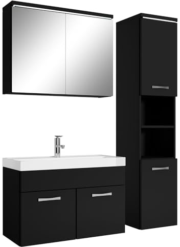 Badplaats Badmöbel Komplettset Paso LED 80 x 40 cm Schwarz Matt - Badezimmermöbel mit Waschbecken, Spiegelschrank und Badezimmerschrank