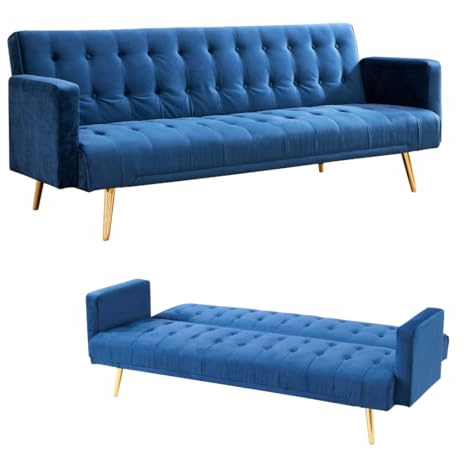Home Detail Velvet Three Seater Sofa Bed in Grey Pink Blue or Green with Contrast Golden or Rose Gold Finish Legs (Blue Velvet)