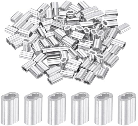 sourcing map 1/16 Zoll 1,5 mm Aluminium-Crimpschlaufenhülse, Doppelhülse für Drahtseil-Kabelleitungen, Silber, 100 Stück