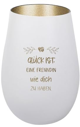 Der-Porzellan-Laden Windlicht mit Gravur Weiß Gold Teelichthalter aus Glas | Glück ist eine Freundin wie Dich zu haben mit Spruch Tischdeko modern