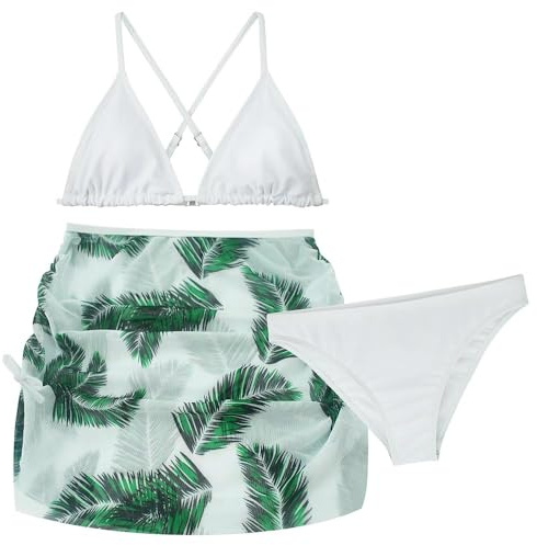 AIEOE Conjunto de Bikini con Falda Cortos 3 Piezas Traje de Baño de Verano para Niñas Bañador Hawaiano Tie-Dye Playa para 14 Años Blanco B
