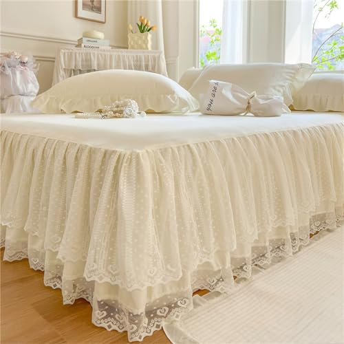 Odot Beige Betthusse 200x220 Bettrock, Weiß Spitzenkante Design Bettvolants mit Rüschen - 40 cm Rock, Baumwolle Bed Skirt mit Gürtel Matratzenschoner