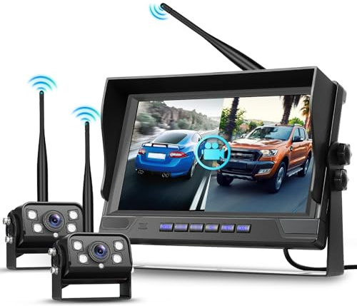 Hodozzy 9 Zoll IPS Monitor Digitales Kabellos Rückfahrkamera Set, mit Toter-Winkel-Warnung, Wasserdicht Rückfahrkameras Funk 2 Kameras Aufzeichnung, Nachtsicht, LKW/Anhänger/PKW/Wohnmobil 12V 24V