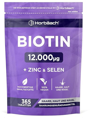 Biotin Zink Selen Hochdosiert Komplex 12.000ug | für Haut, Haare & Nägel | 4 Monate Vorrat - 365 Vegane Tabletten | Ohne Magnesiumstearat | Vitamin B7 for Hair, Skin & Nails | Horbaach