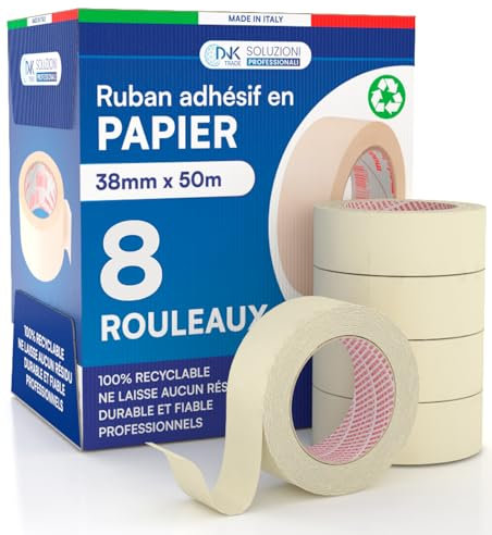 DNK TRADE 8x Cinta de Carrocero Para Pintar y Enmascarar 38mm x 50m - Removible Sin Residuos, Sin Disolventes - Cinta de Pintor Con Papel