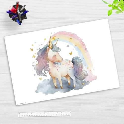 Schreibtischunterlage für Kinder und Erwachsene - Regenbogen Einhorn Aquarell - 60 x 40 cm - aus hochwertigem Vinyl - Made in Germany