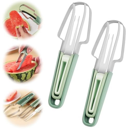 OSDUE Stainless Steel 3 in 1 Watermelon Slicer and Fruit Fork - Upgraded Round Handle Double Melon Cutter with Kitchen Gadgets