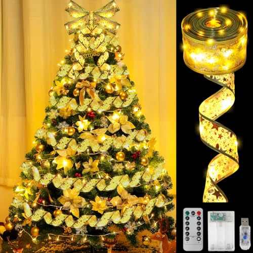 Meleager Lumières de Ruban Sapin de Noël, 10 M 100 Led Guirlande Lumineuse Ruban, Ruban Sapin Noël LED, Or Ruban Lumineux Sapin pour Décoration d'arbre de Noël, Mariage, Fête