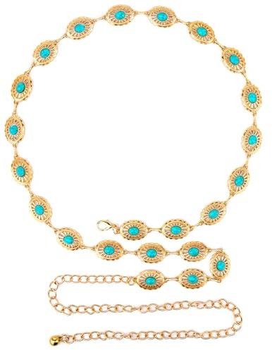 Cintura a catena taglie forti per donne, pietra turchese argento catena in metallo cintura da donna catene per la vita del ventre, catena per il corpo extra lunga (Oro)