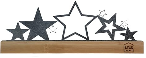 UNUS Weihnachtsdeko Sterne-Aufsteller Metall-Silhouette mit Schneeoptik | Schwarz-Weiß, Bambusholz-Sockel, Moderne Adventsdekoration