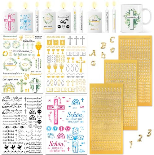 DPKOW Tatuaggi per Candele di Comunione, Foglio di Tatuaggio per Candele con Adesivi di Lettere e Numeri, Adesivi per Candele di Comunione per Decorazione di Candele, Regalo DIY per la Comunione