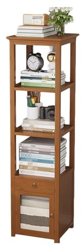 Corner Bookshelf Storage Rack with Cabinet 4 Tier Tall Bookcase for Home Office Freestanding Etagere Shelf (Brown)