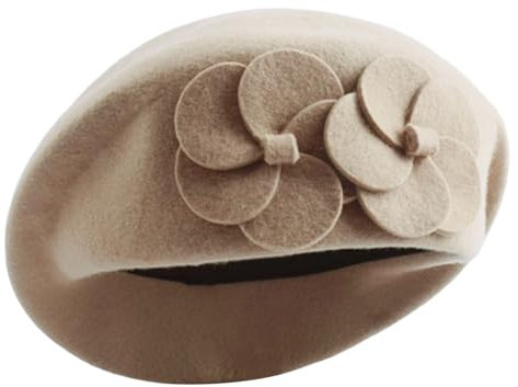 Baskenmütze aus Wolle, weich, hält warm, einfarbig, französische Baskenmütze mit Blumendekor, französische Damen, Winter, beige, Einheitsgröße