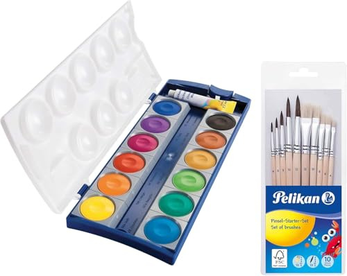 Pelikan 720854 720250 Deckfarbkasten K12, 12 Farben + 1 Tube Deckweiß, Schul-Standard (Deckfarbkasten mit Pinselset klein, 1, stück)