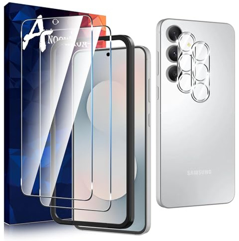 Anoowkoa 2 Piezas para Samsung Galaxy S25 FE 5G Protector de Pantalla + 2 Piezas Protector de Lente de Cámara, protector de pantalla de vidrio templado,Incluye Marco de Instalación Fácil