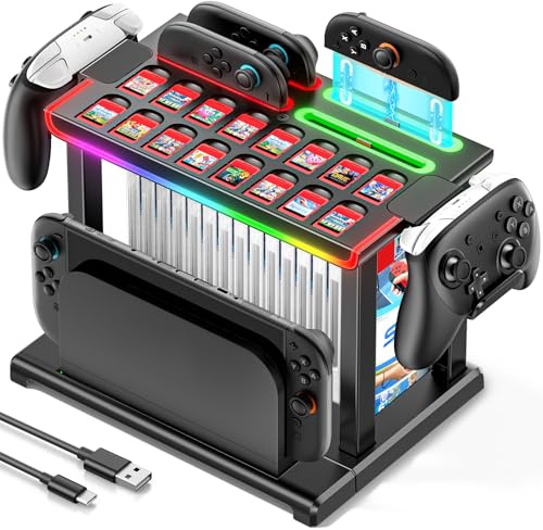 Switch 2 Organizer Station mit JoyCon 2 Ladestation, Schnelles Switch 2 Ladegerät für 4 SW2 Controller, S witch 2 Aufbewahrung mit 16 Steckplätzen für Spielkarten, S witch 2 Zubehör mit 16 Spielhüllen