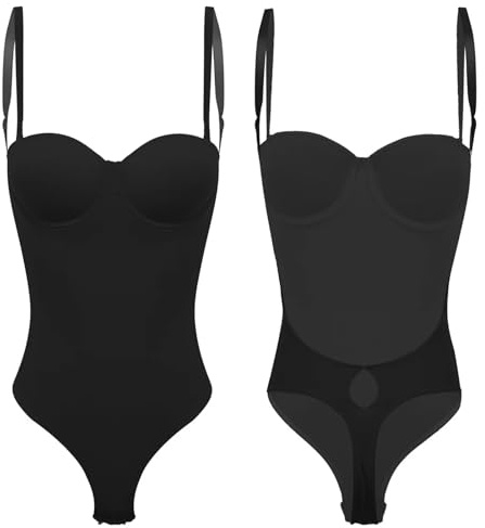 KBLDOPN Body Modellante for Donna, con Spalline Sottili Regolabili, Imbottito, con Ferretto, Push-up, Senza Schienale, Controllo della Pancia, Perizoma Scultura del Corpo(Black,L)