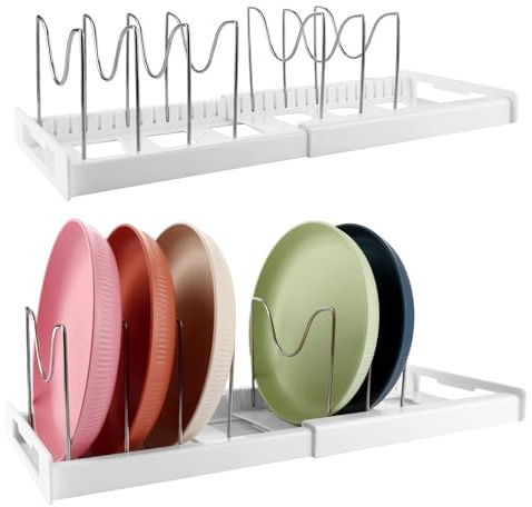WOPPLXY Juego de 2 Organizador Sartenes, Organizador Sartenes y Ollas Cajon con 7 Separadores Ajustables, Organizadors Ollas para la Cocina (Blanco)