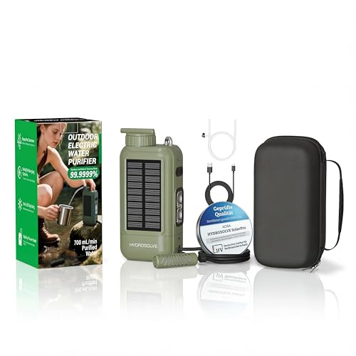 HYDROSOLVE SolarPro - Filtro dell'acqua per esterni, elettrico, portatile e ricaricabile, 0,01 micron - Solare/USB/manovella - Power Bank - per campeggio, escursionismo, emergenza e sopravvivenza