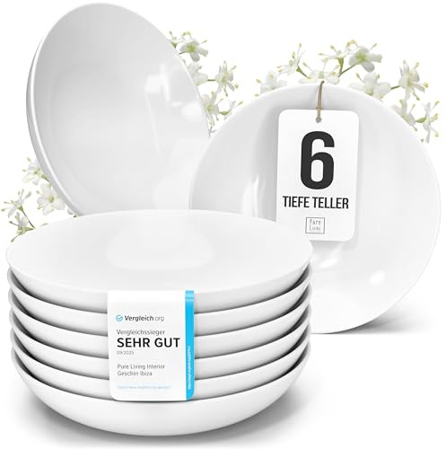 Porzellan Suppenteller 6 Personen Crystal TESTSIEGER, Cooles klares Porzellan Tiefe Teller Set, Pasta Teller Tief Groß - Pure Living in weiß